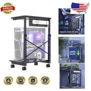 Height Adjustable 2-Tier Rolling Computer Tower Stand with Pegboard Organizer
