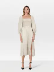 Beige Gitane Smocked Midi Dress