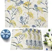 Dining Table Placemats Set Of 6(Cotton Linen),Vintage Floral Plant,Heat Resistant Non-Slip Table Mats,Yellow Blue,Indoor Outdoor Table Placemat for Holiday Banquet Kitchen Table Decor,Machine Washable