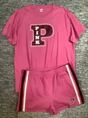 Victoria's Secret Pink Campus Tee Shirt + Ivy Fleece Shorts Set Red Violet LARGE