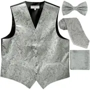 New Men's Paisley Tuxedo Vest Waistcoat & necktie & Bow tie & Hankie Silver prom