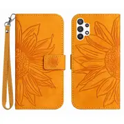 For Samsung Galaxy A32 4G (EU Version) HT04 Skin-Touch PU Leather Full Protection Wallet Case Imprinted Sunflower Adjustable Stand Cover with Hand Str