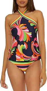 [Trina Turk] Women's Anniversary Stripe Reversible High Neck Tankini, Adjustable, Tie Back, Swimsuit Tops