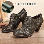 Women's Heels Pumps Plus Size Handmade Shoes Daily Floral Embroidered Zipper Flower Flat Heel Pointed Toe Vintage Casual Comfort Leather Zipper Colorful Black