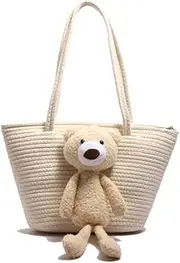 [Generic] Women Bear Woven Tote Handbag Large Capacity Ladies Commute Shoulder Bag (White)