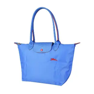 【LONGCHAMP】LONGCHAMP COLLECTION刺繡LOGO尼龍摺疊長把拉鍊肩背包(小/藍紫x紅)