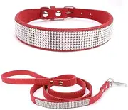Puppy Concepts Bling Rhinestone Dog Collar Sparkle Diamante Leash Lead Set Microfiber Pet Cat (Red M Collar + Leash)