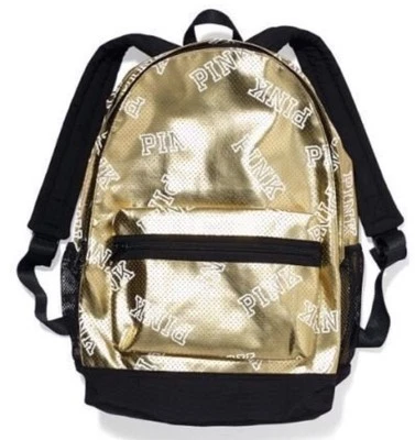 VICTORIA'S SECRET PINK Metallic Gold & Black with White Logo BackPack