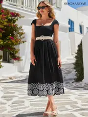 Sosandar Black Embroidered Hem Square Neckline Jersey 100% Cotton Midi Dress (E68457) | $173