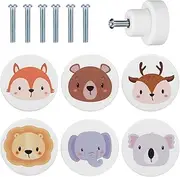 6 Pcs Wooden Animal Cabinet Knobs, Childrens Wooden Drawer Handles with Screws, Smooth Edge Decoration Furniture Knobs Nursery Drawer Handles for Decorating Cabinets, Drawers and Wardrobes（White）
