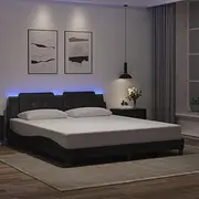 King Bed Frame with LED Lights, Black Faux Leather Platform, Wooden Bedframe, Base & Headboard - Durable Queen Size Cama & Slat Support, 183x203 cm