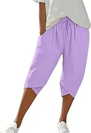[Generic] Ladies Black Trousers Cropped Leggings with Pockets Cargo Women Cuffed Work Wide Leg for Palazzo Petite Short Walking Gym 3/4 Women's Elasticated Waist Tall