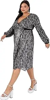 [Lovedrobe] Women's Ladies Plus Size Curve Midi Dress Sequins Wrap Shimmery Bow Tie Belt with Long Sleeve Bishop Slit