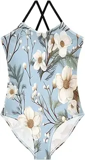 [RPLIFE] Girl Bathing Suits 3-10 Y Beach Apparel, Winter Flowers Branches Light Blue