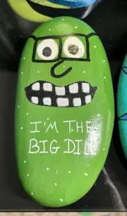 Large Hand Painted Stone Rock Pickle “I’m The Big Dill” Inside Outside Decor
