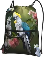 EdWal Beautiful Cockatoo Bird Flower Print Drawstring Backpack Gym Bags Sports Bags With Zipper Pocket For Travel Beach, Black, One Size