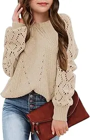 [CharmWM] Girls Crochet Long Sleeve Crewneck Pullover Sweaters Kids Fall Winter Knit Jumper Tops