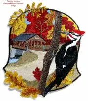 Country Autumn Woodpecker And Covered Bridge Embroidered Iron on/Sew patch
