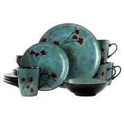 Elama 16 pc Floral Accents Round Blue Stoneware Dinnerware Complete Set for 4