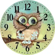 Clock : 34cm Round Analog Wooden Wall Clock (13 inch) - Owl Theme