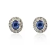 Natural Blue Sapphire and Diamonds Halo Studs Earrings 14k Solid White Gold