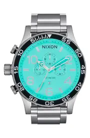 Nixon 51-30 Chronograph Bracelet Watch, 51mm in Silver /Turquoise at Nordstrom One Size Silver/Turquoise