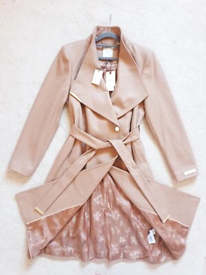 New Ted Baker ROSE Beige Brown Wool Cashmere Belted Wrap Coat UK 10 TB 2 £329
