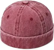 [QOHNK] Mens Flattop Brimless Hats Washed Denim Cap Retro Adjustable Brimless Hip Hop Hats Dad Caps