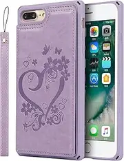 Cavor for iPhone 7 Plus/ 8 Plus Wallet Case PU Leather TPU Back Cover Flip Magnetic Clasp Heart Flower Butterfly Shockproof Cases Lanyard Card Slots Holder Kickstand-Heart Flower Purple