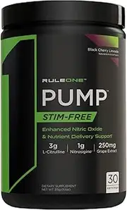 Rule1 R1 Pump Stim-Free Nitric Oxide Support Pre-Workout Powder 315 g, Black Cherry Lemonade (30 Servings)