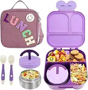 Lunch Box with Bento Box with 4 Compartment, with Leak Proof Thermo Food Jar, Preppy Corduroy Insulated Lunch Bag for Boys Girl Kids Teens School Travel Picnic (Purple)