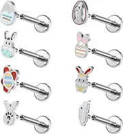 [ZS] 8Pcs Easter Egg Bunny Lip Stud Labret Lip Rings, 16G Stainless Steel Monroe Medusa Piercing Flat Back Lip Piercing Jewelry Tragus Conch Cartilage Daith Earrings for Women Men