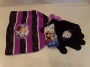 NWT DISNEY FROZEN BEANIE POM POM PURPLE & BLACK HAT/ .MATCHING GLOVES SET