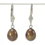 14k White Gold Chocolate Pearl Leverback Dangle Earrings