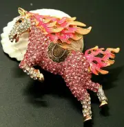 Lovely Leaping STALLION Galloping HORSE Rhinestone Necklace Pendant Brooch Pink