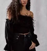 (NEW) Free People Large Cocktail Hour Top Shirt Crop Black Feather Trim Markle