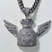 14k W Gold Finish Stamp 8mm Miami cubans Link Chain Money Bag Wings Pendant Icy