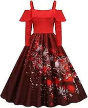 BUNIQ Off Shoulder Party Dresses | Printed Ruffle Dress | Fashionable Dresses, Chic Party Dress, Festive Long Sleeve Dress for Party, Dinner, Home Red