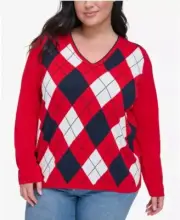 Tommy Hilfiger Women's Plus Size Sweater Ivy 100% Cotton Argyle red Scarlet 1X