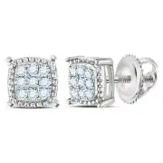 10K White Gold Mens Round Diamond Square Milgrain Cluster Earrings 1/10 Cttw