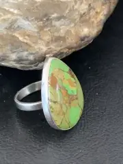 Green Mohave Turquoise Navajo Sterling Silver Ring Size 8 Adjustable 11788