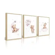 Bear Nursery Wall Art Decor Set of 3 Teddy Bear Wall Art Baby Girl Canvas Wal...