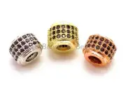 CZ Big Hole Drum Barrel Black Micro Pave Beads, Gold/Rose Gold/Silver/Black