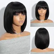 Joedir Bob Human Hair Wig with Fringe Short Bob Wigs for Women Brazilian Straight Bob Wig Real Hair Natural Black Glueless Wigs for Black Women 26 cm