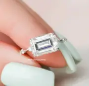 3CT Emerald Cut Moissanite East West Distance Band Engagement Ring 14K Gold
