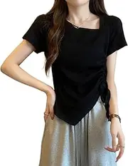 [Mluvpxey] T-Shirts for Womens Cotton Short Drawstring T-Shirt Womens Pleated Half Sleeved T-Shirt Short Sleeves(Black,Large)