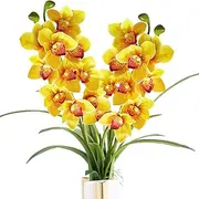 Calcifer 2 Stems Artificial PU Cymbidium Orchid Bouquets Artificial Flowers with 1 Bouquet Leaves for Party Wedding Home Hotel Decoration (Yellow)