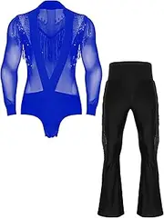 [TiaoBug] Sequin Tassel Latin Dance Outfit for Men Deep V neck Bodysuit with Flared Pant for Chacha Rumba Samba