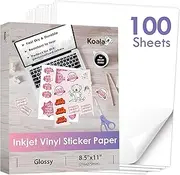 Koala Printable Vinyl Sticker Paper for Inkjet Printers - 100 Sheets Glossy White Water-Resistant Adhesive Label Paper - 8.5x11 Inch, Tear-Resistant, Removable