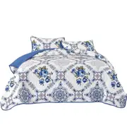 Floral Checked Blue Soft Bedspread Quilted Coverlet Patchwork Set Queen Size